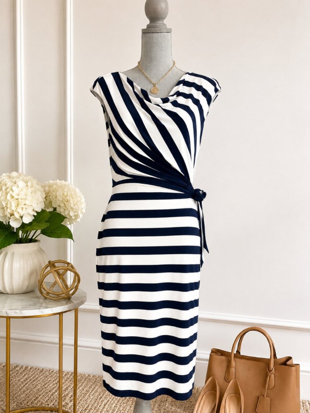 Lauren Ralph Lauren Navy & White Striped Faux Wrap Dress Size 6